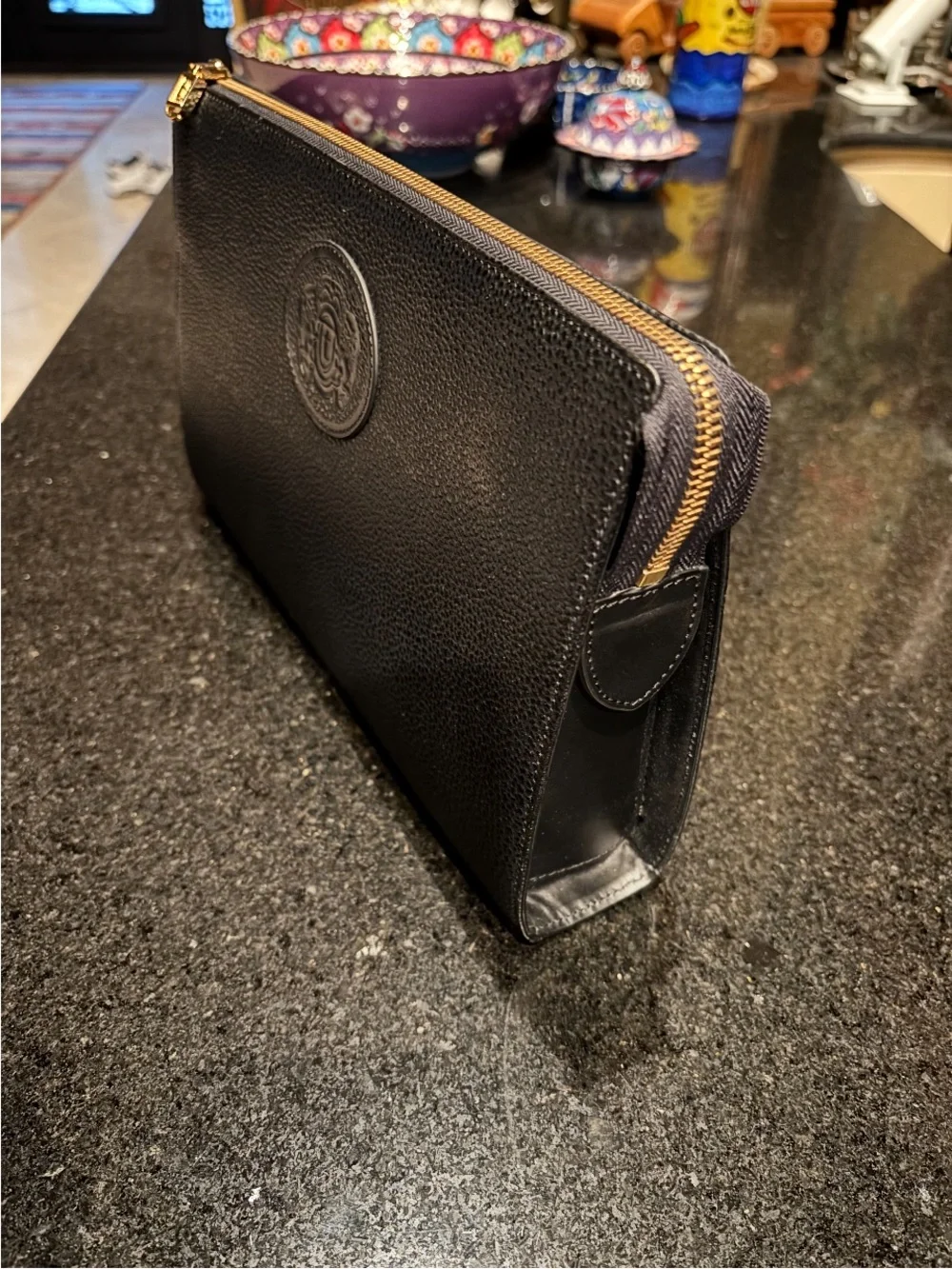 a. testoni Black Pebbled Leather Zip Pouch with Embossed Logo